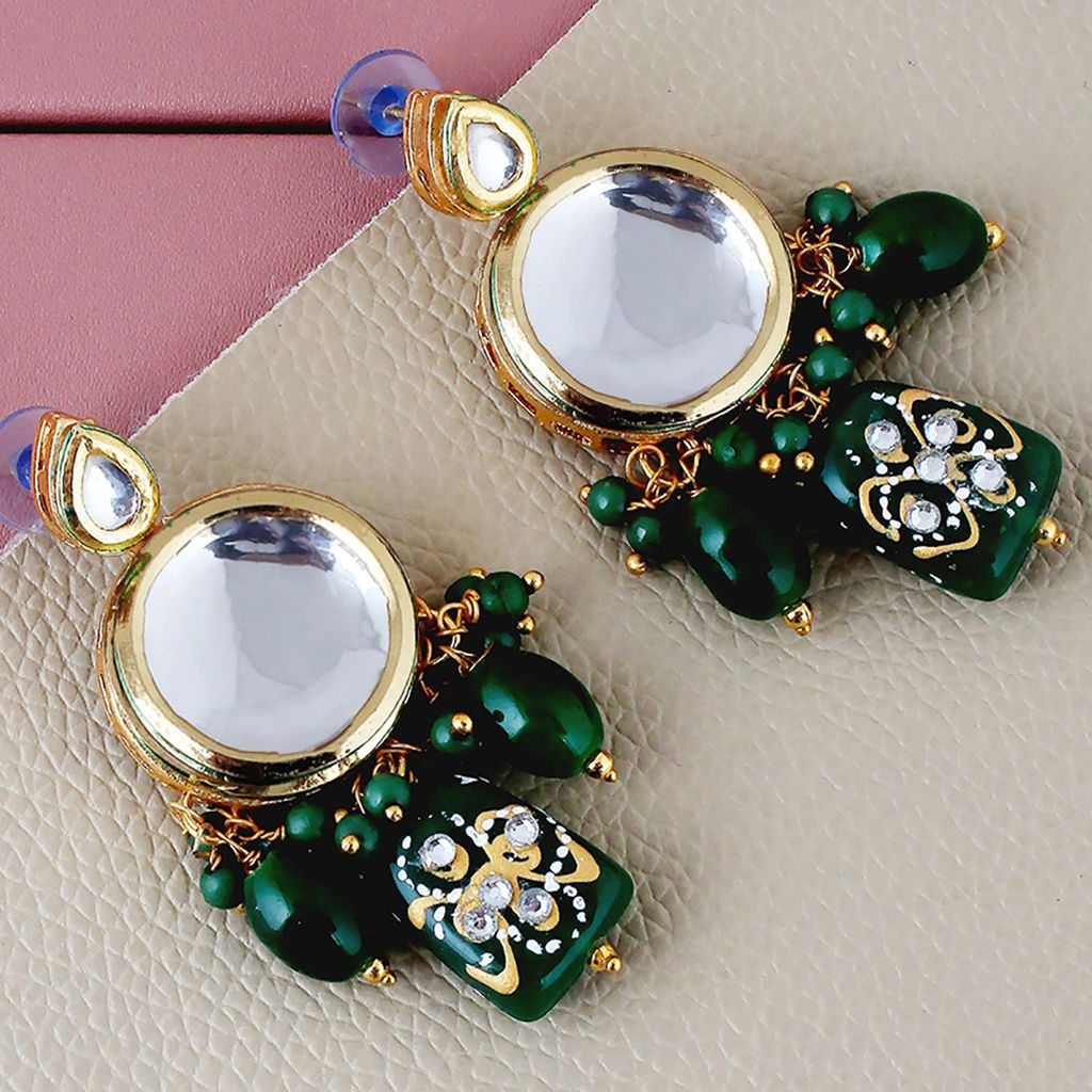 LUCKY JEWELLERY Back Meenakari 18k Gold Plated Green Color Earring Combo Uncut Big Faux Kundan Choker Necklace set (1565-J5SK-1630-G)