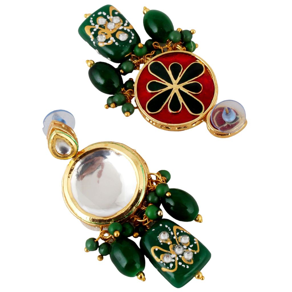LUCKY JEWELLERY Back Meenakari 18k Gold Plated Green Color Earring Combo Uncut Big Faux Kundan Choker Necklace set (1565-J5SK-1630-G)