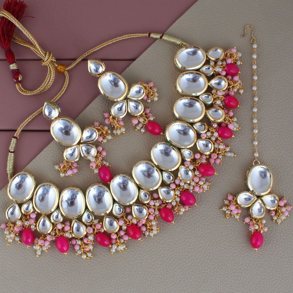 LUCKY JEWELLERY Back Meenakari 18k Gold Plated Multi Color Tika Earring Combo Uncut Big Faux Kundan Choker Necklace set (1425-J5SK-1631-PKR) - Jewellery Sets | Buy online on ZillyBuy