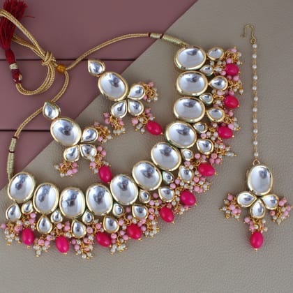 LUCKY JEWELLERY Back Meenakari 18k Gold Plated Multi Color Tika Earring Combo Uncut Big Faux Kundan Choker Necklace set (1425-J5SK-1631-PKR)