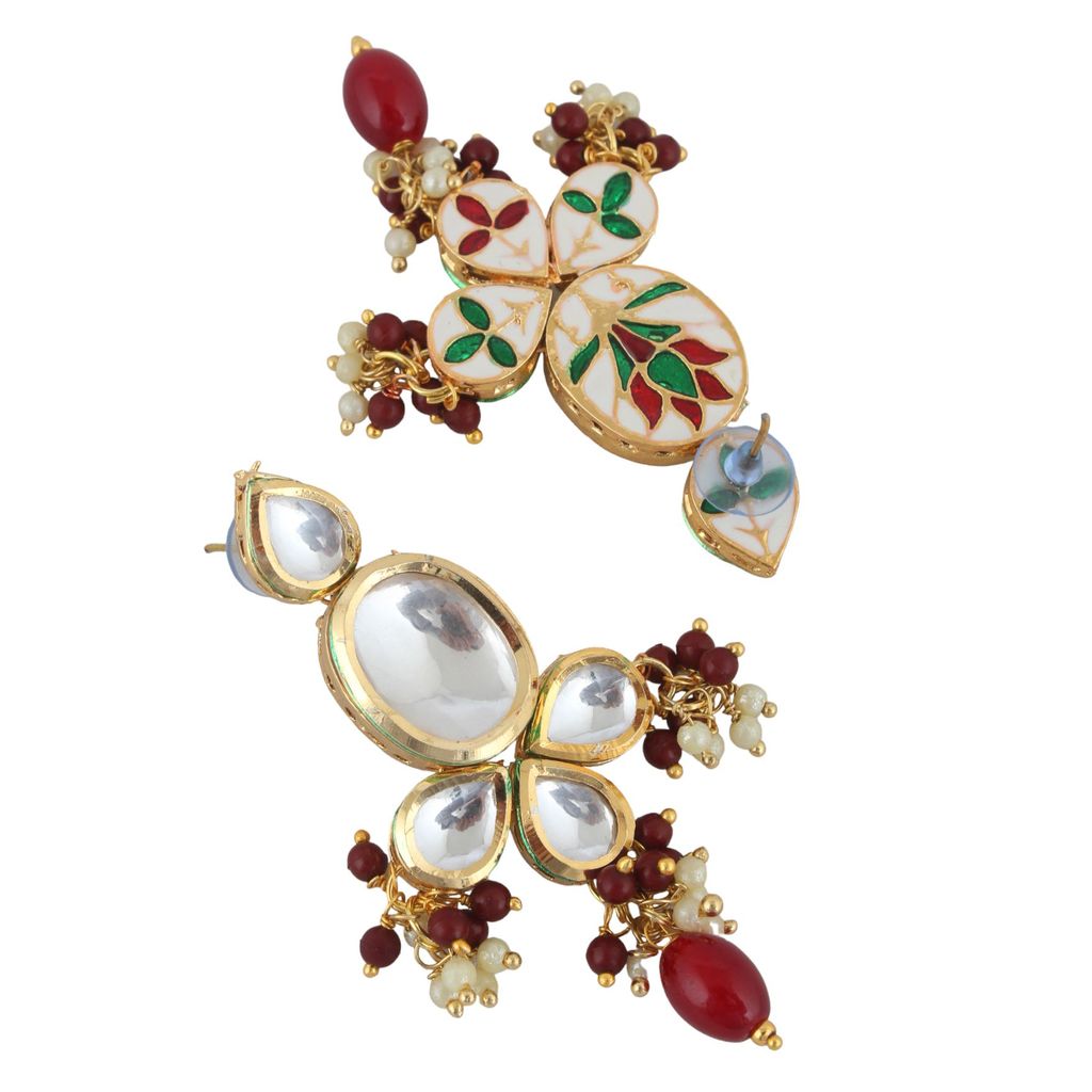 LUCKY JEWELLERY Back Meenakari 18k Gold Plated Maroon Color Tika Earring Combo Uncut Big Faux Kundan Choker Necklace set (1425-J5SK-1631-M)