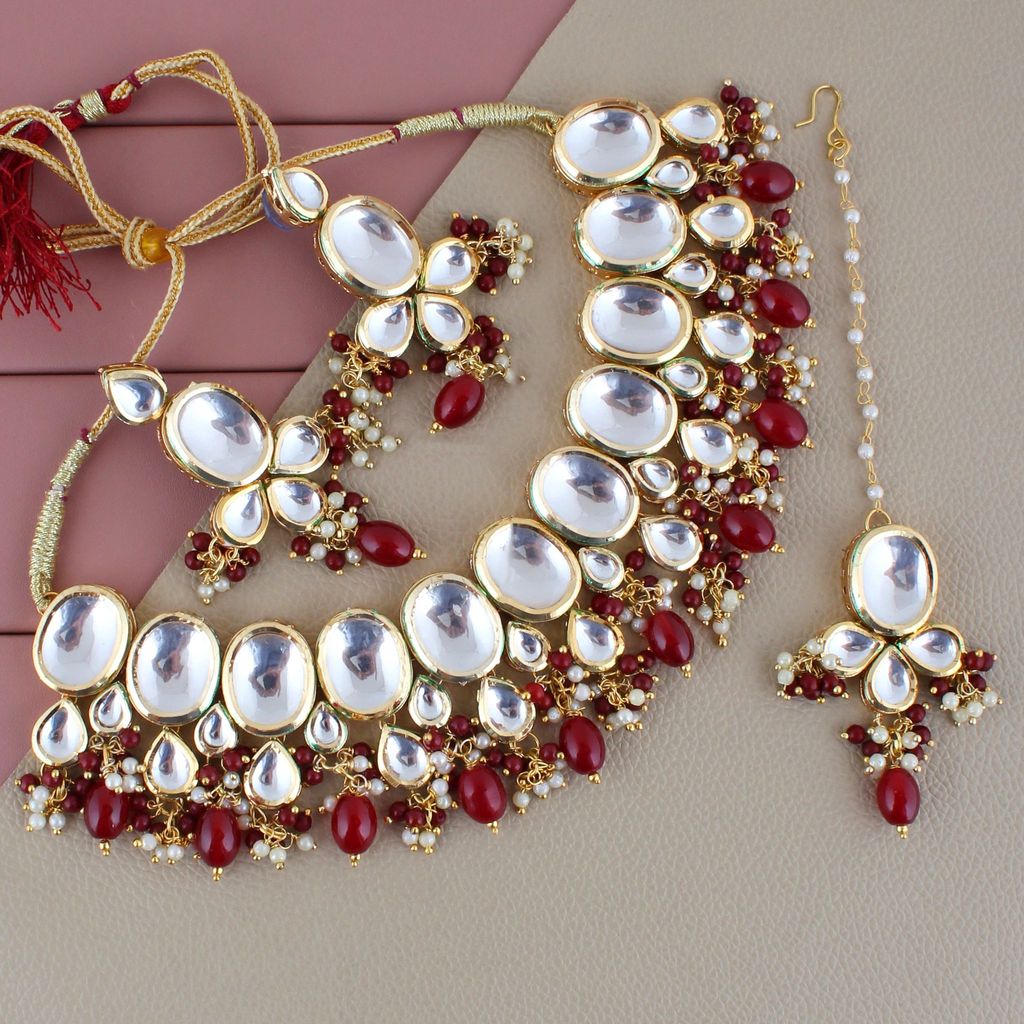 LUCKY JEWELLERY Back Meenakari 18k Gold Plated Maroon Color Tika Earring Combo Uncut Big Faux Kundan Choker Necklace set (1425-J5SK-1631-M)
