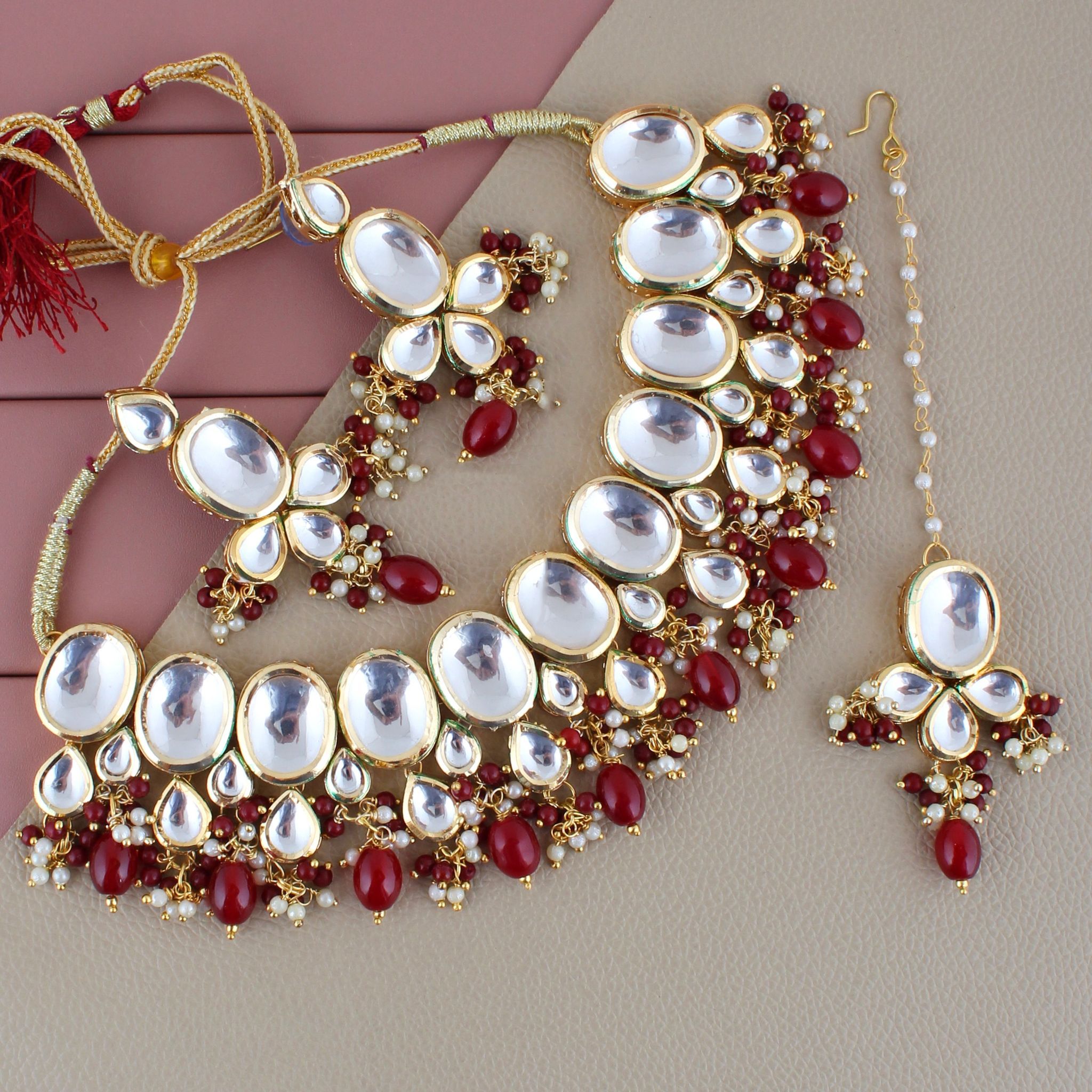 LUCKY JEWELLERY Back Meenakari 18k Gold Plated Maroon Color Tika Earring Combo Uncut Big Faux Kundan Choker Necklace set (1425-J5SK-1631-M)