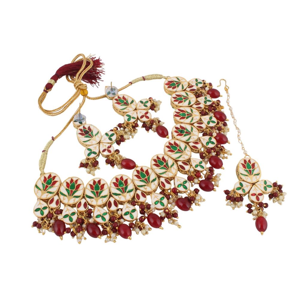 LUCKY JEWELLERY Back Meenakari 18k Gold Plated Maroon Color Tika Earring Combo Uncut Big Faux Kundan Choker Necklace set (1425-J5SK-1631-M)