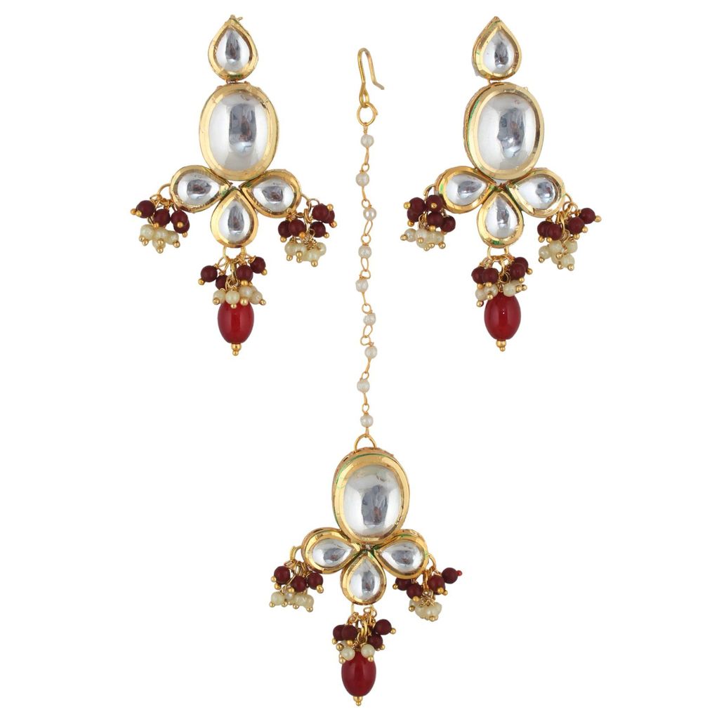 LUCKY JEWELLERY Back Meenakari 18k Gold Plated Maroon Color Tika Earring Combo Uncut Big Faux Kundan Choker Necklace set (1425-J5SK-1631-M)