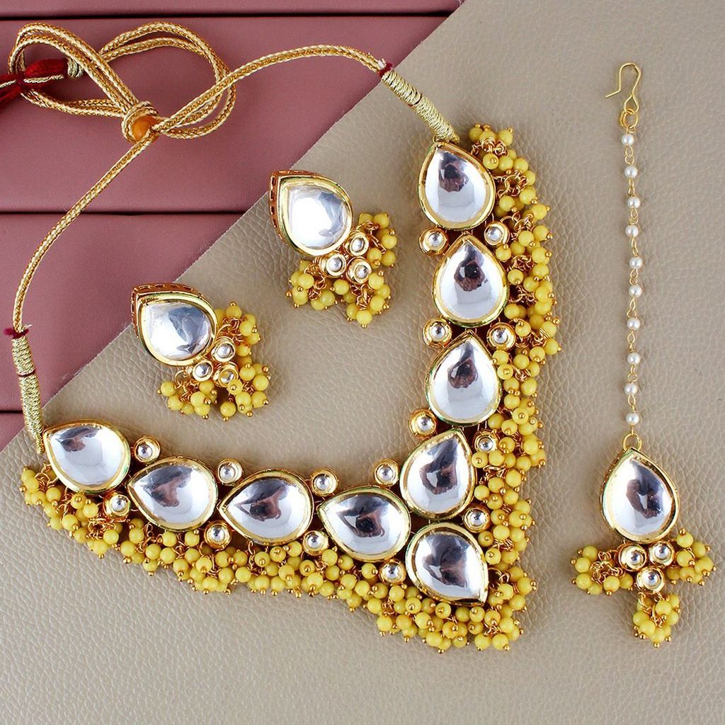 LUCKY JEWELLERY Back Meenakari 18k Gold Plated Yellow Color Tika Earring Combo Uncut Big Faux Kundan Choker Necklace set (1122-J5SK-1698-Y)