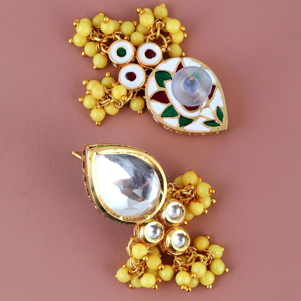 LUCKY JEWELLERY Back Meenakari 18k Gold Plated Yellow Color Tika Earring Combo Uncut Big Faux Kundan Choker Necklace set (1122-J5SK-1698-Y)