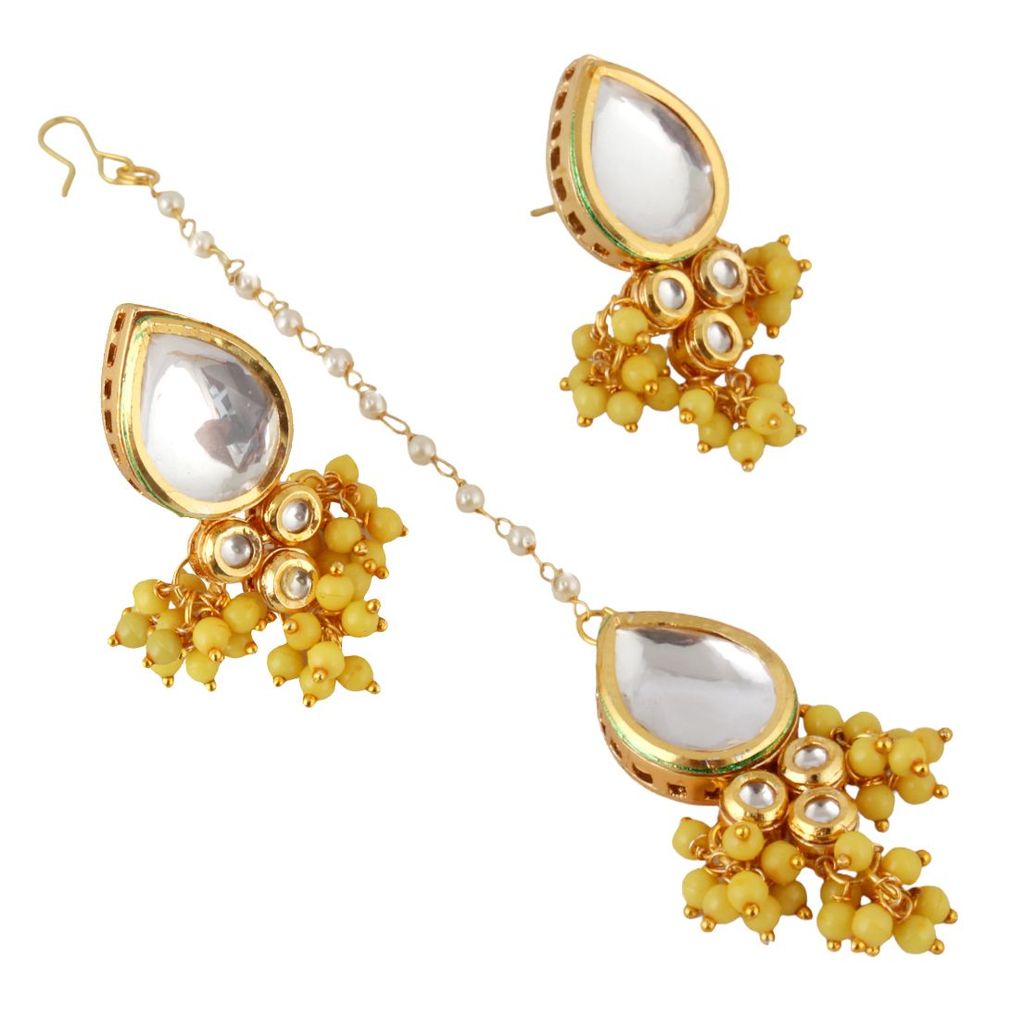 LUCKY JEWELLERY Back Meenakari 18k Gold Plated Yellow Color Tika Earring Combo Uncut Big Faux Kundan Choker Necklace set (1122-J5SK-1698-Y)