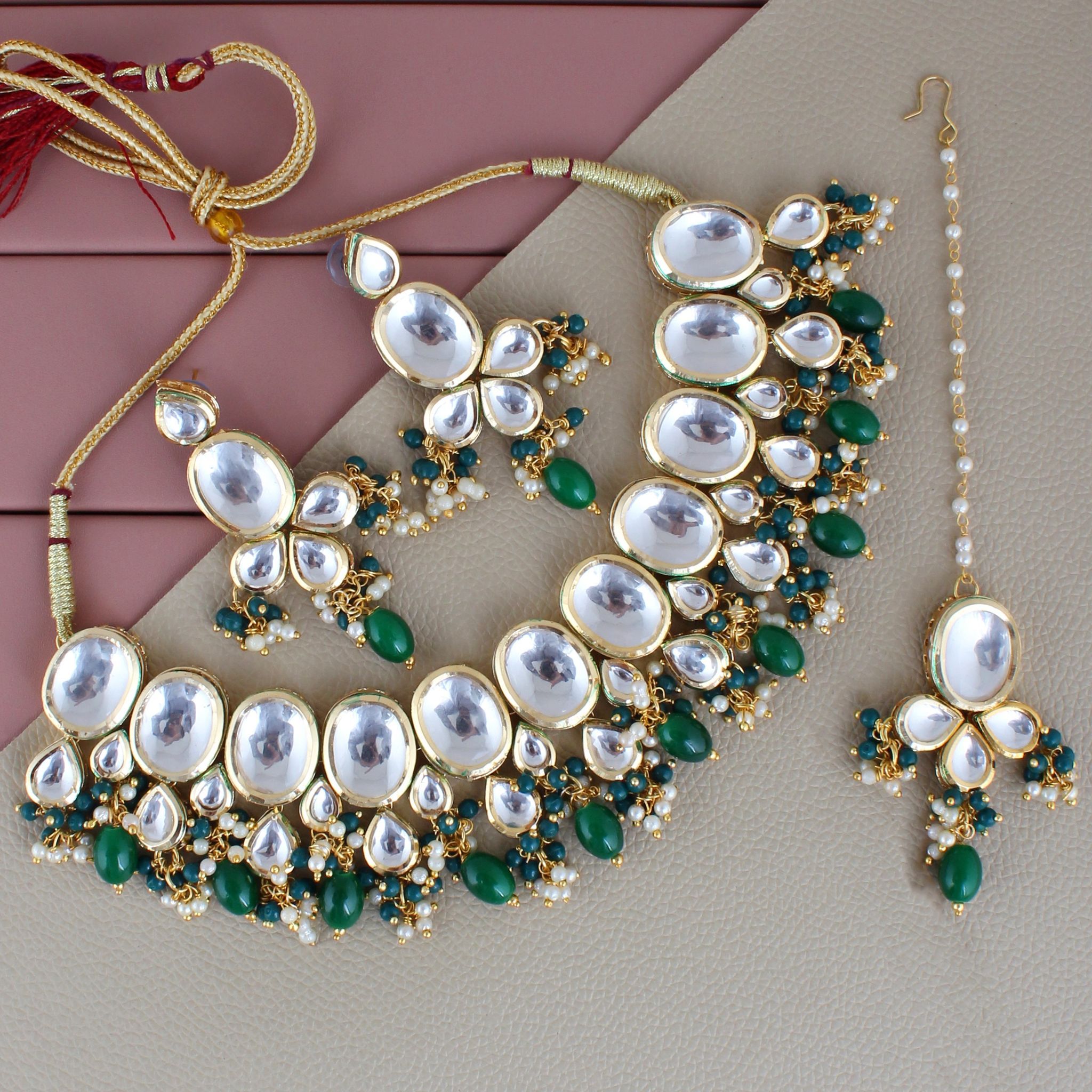 LUCKY JEWELLERY Back Meenakari 18k Gold Plated Green Color Tika Earring Combo Uncut Big Faux Kundan Choker Necklace set (1425-J5SK-1631-G)