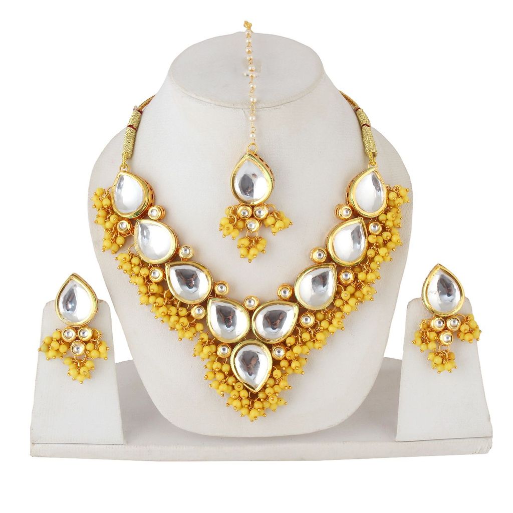 LUCKY JEWELLERY Back Meenakari 18k Gold Plated Yellow Color Tika Earring Combo Uncut Big Faux Kundan Choker Necklace set (1122-J5SK-1698-Y)