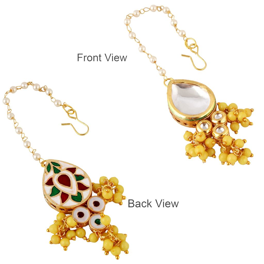 LUCKY JEWELLERY Back Meenakari 18k Gold Plated Yellow Color Tika Earring Combo Uncut Big Faux Kundan Choker Necklace set (1122-J5SK-1698-Y)
