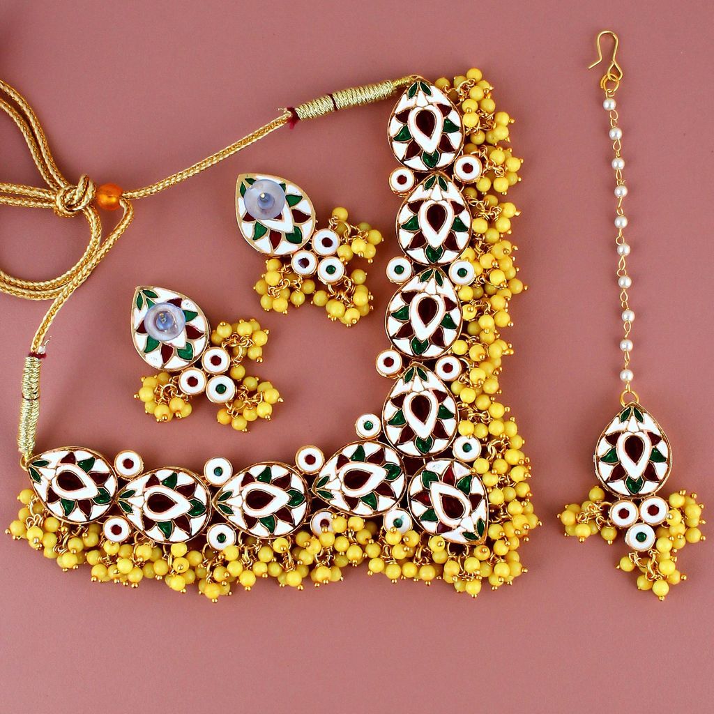 LUCKY JEWELLERY Back Meenakari 18k Gold Plated Yellow Color Tika Earring Combo Uncut Big Faux Kundan Choker Necklace set (1122-J5SK-1698-Y)