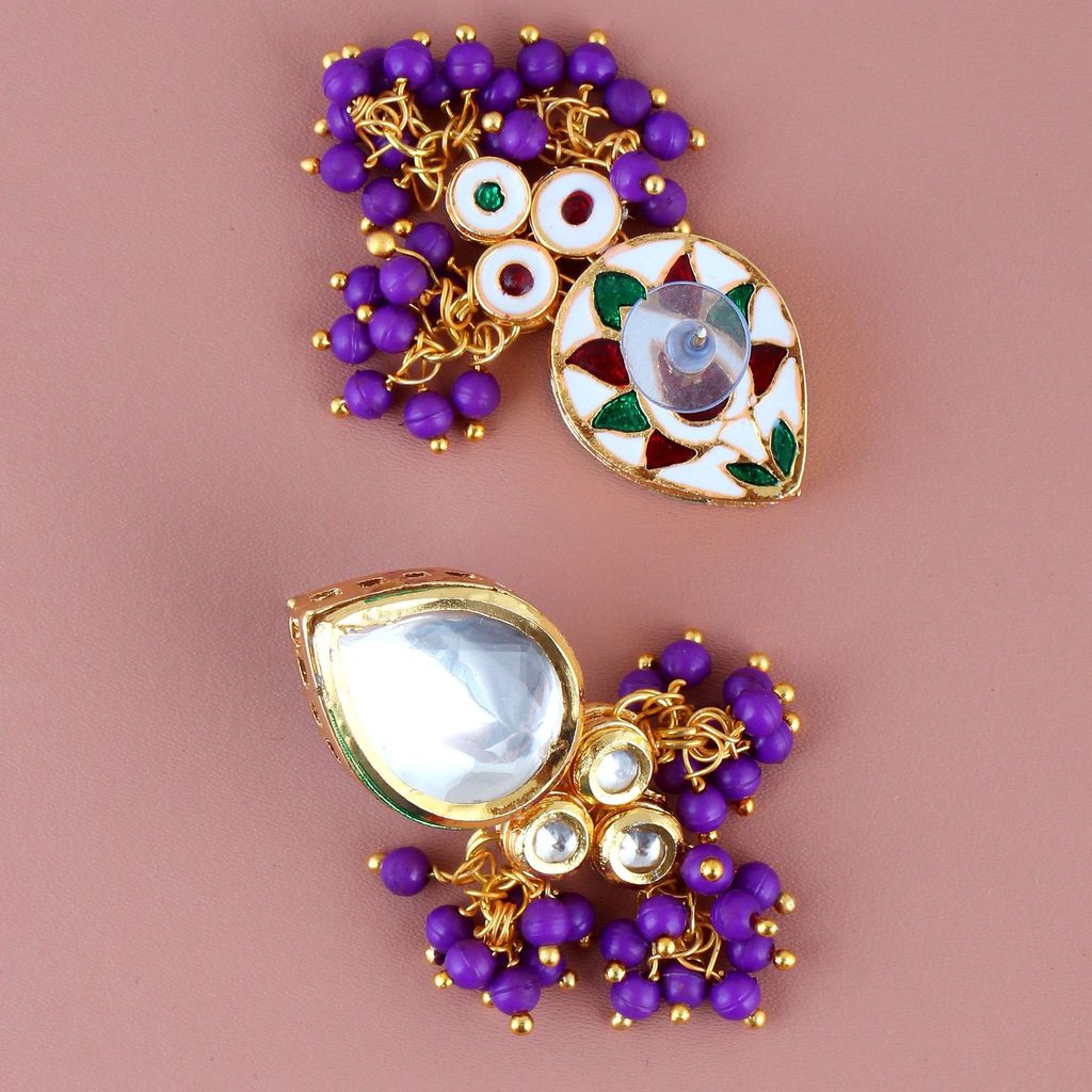 LUCKY JEWELLERY Back Meenakari 18k Gold Plated Purple Color Tika Earring Combo Uncut Big Faux Kundan Choker Necklace set (1122-J5SK-1698-P)