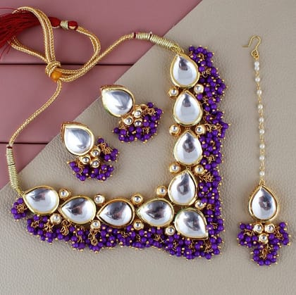 LUCKY JEWELLERY Back Meenakari 18k Gold Plated Purple Color Tika Earring Combo Uncut Big Faux Kundan Choker Necklace set (1122-J5SK-1698-P)