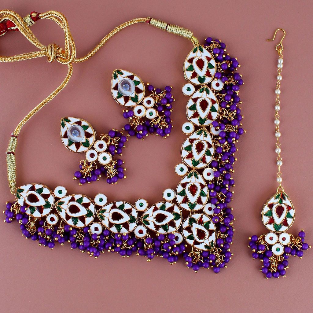 LUCKY JEWELLERY Back Meenakari 18k Gold Plated Purple Color Tika Earring Combo Uncut Big Faux Kundan Choker Necklace set (1122-J5SK-1698-P)