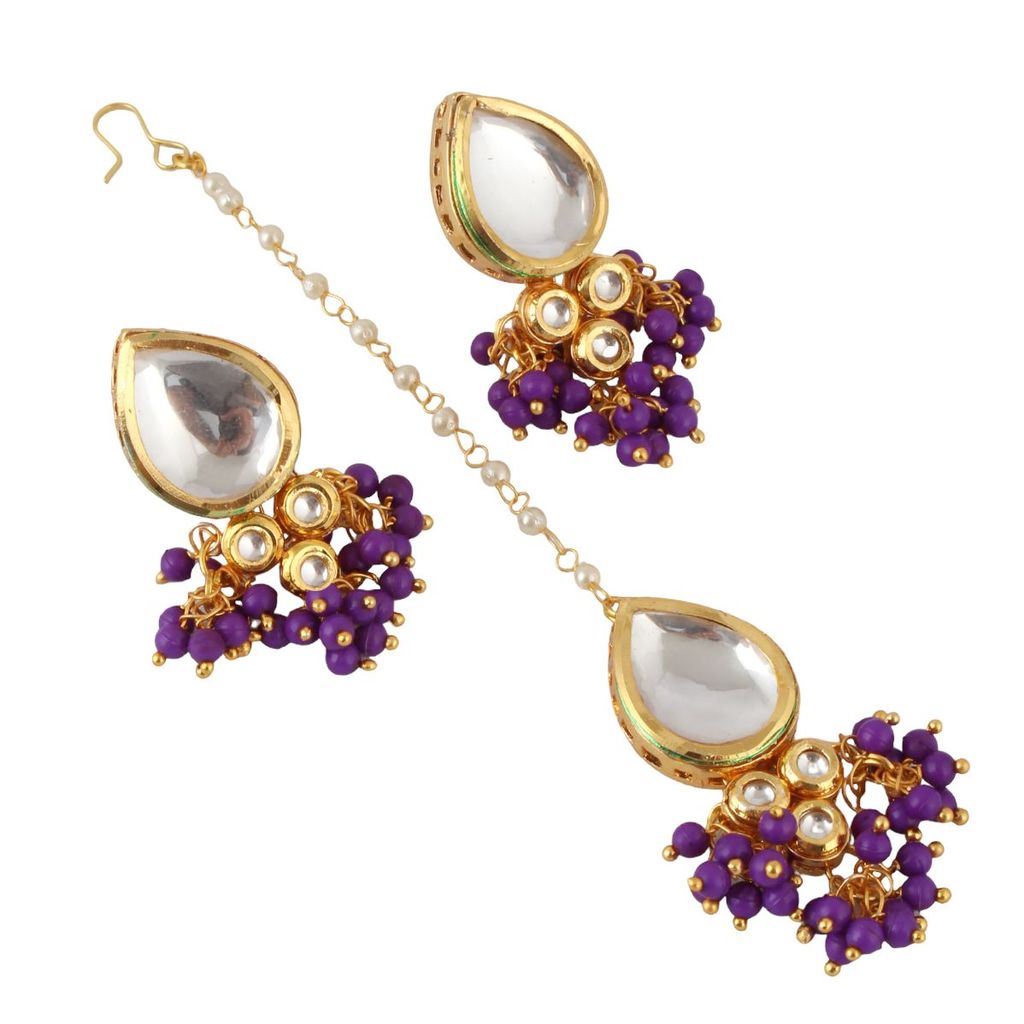 LUCKY JEWELLERY Back Meenakari 18k Gold Plated Purple Color Tika Earring Combo Uncut Big Faux Kundan Choker Necklace set (1122-J5SK-1698-P)