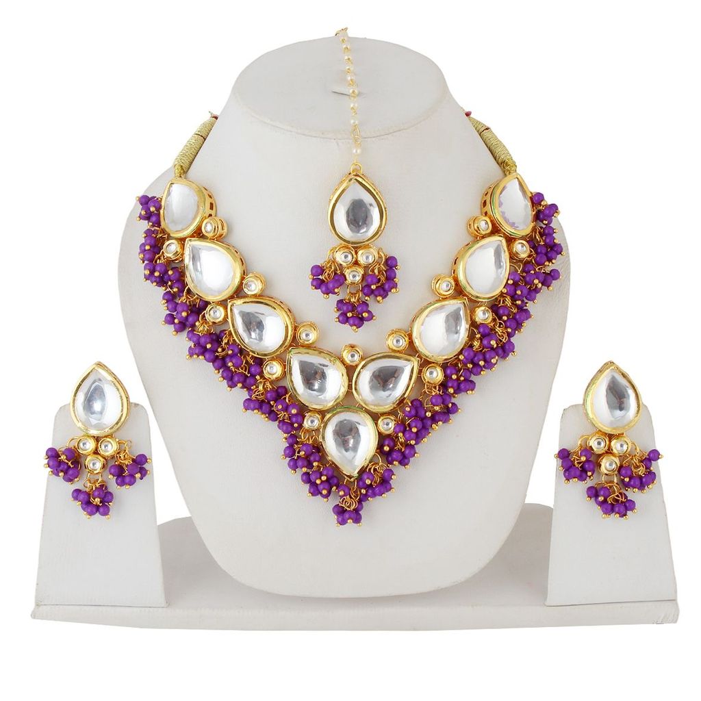 LUCKY JEWELLERY Back Meenakari 18k Gold Plated Purple Color Tika Earring Combo Uncut Big Faux Kundan Choker Necklace set (1122-J5SK-1698-P)