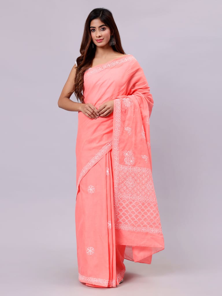 Seva Chikan Hand Embroidered Peach Terivoil Cotton Lucknowi Chikankari Saree- SCL6053 - Sarees | Buy online on ZillyBuy