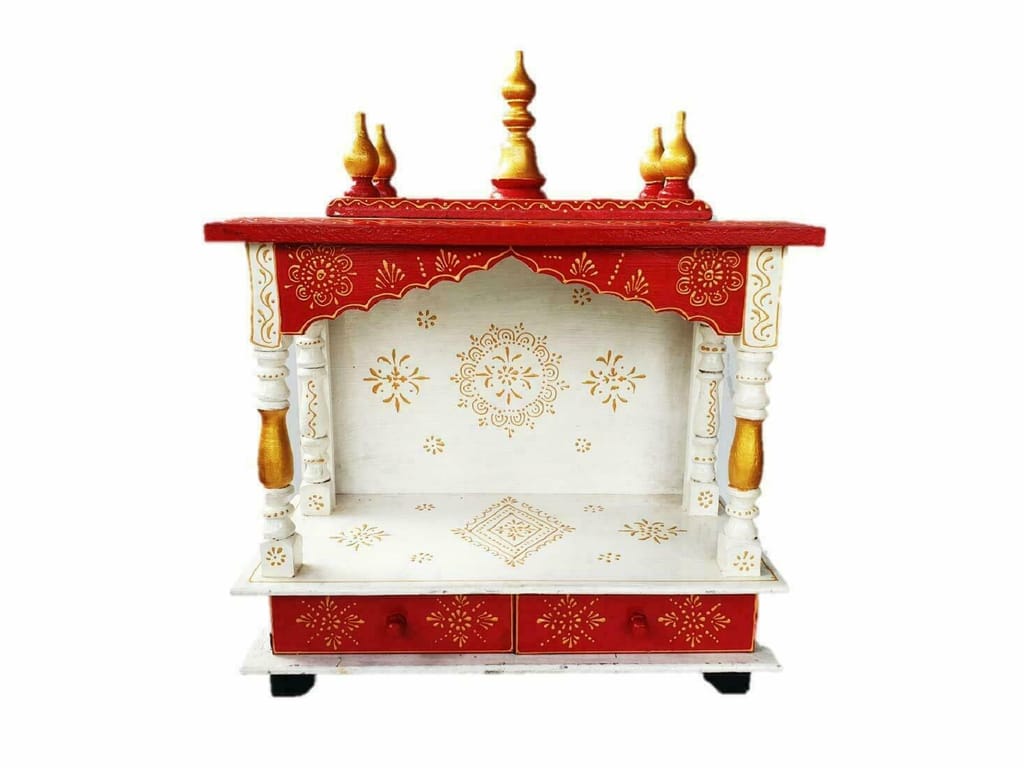 Creative Handicraft45 Home Temple, Wooden Temple, Pooja Mandir for Home White & Red