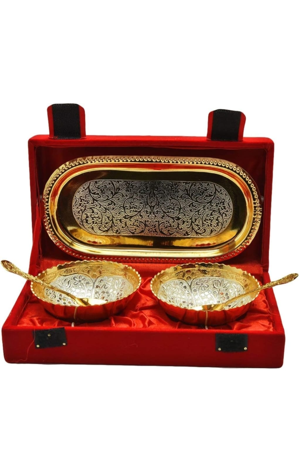 Brass Serving Bowl Brass Golden and Silver Plated Serving Bowl Spoon and Tray 5 Piece for Diwali Gift  (Pack of 5, Gold, Silver)