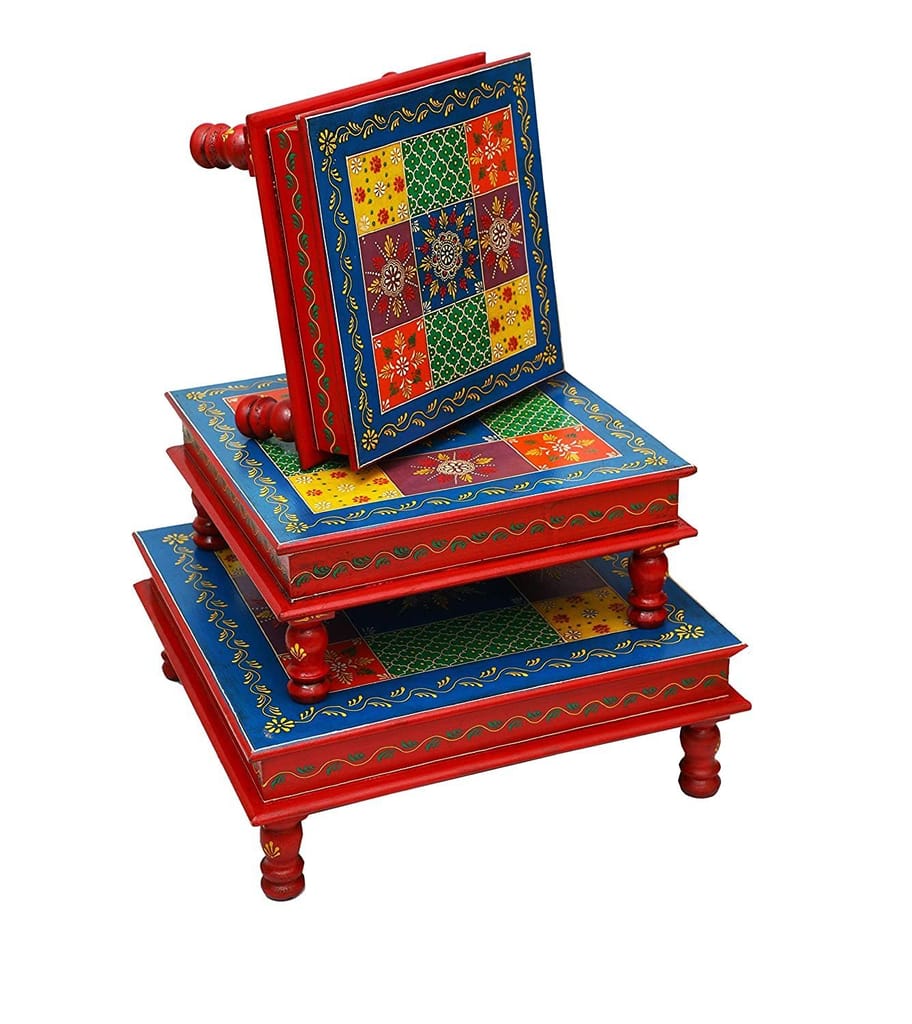 Creative Handicraft45 Wood Painted Bajot-Chowki for Pooja/Sitting Chowki for All Purpose/Pooja Decor/Chowki/Patla/Chowki for Daily Prayer Home