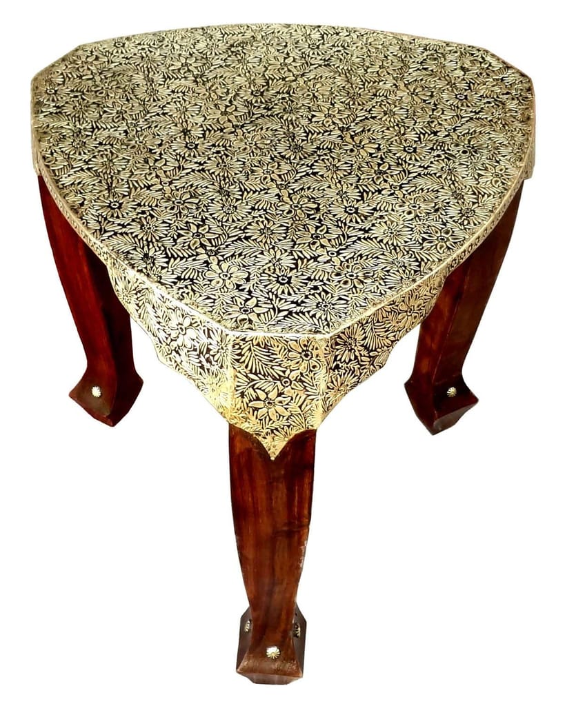 Creative Handicraft45 Brown & Gold Color Wooden with Brass Work 3 Leg Stool | Wood Stool | Wood Table | 3 Leg Stool | Side Table