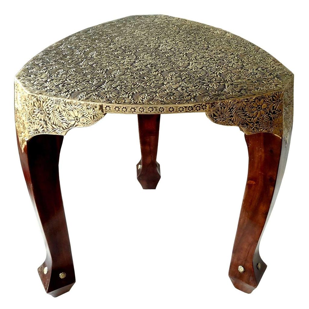 Creative Handicraft45 Brown & Gold Color Wooden with Brass Work 3 Leg Stool | Wood Stool | Wood Table | 3 Leg Stool | Side Table