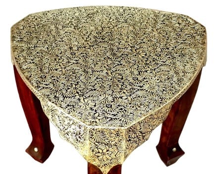 Creative Handicraft45 Brown & Gold Color Wooden with Brass Work 3 Leg Stool | Wood Stool | Wood Table | 3 Leg Stool | Side Table