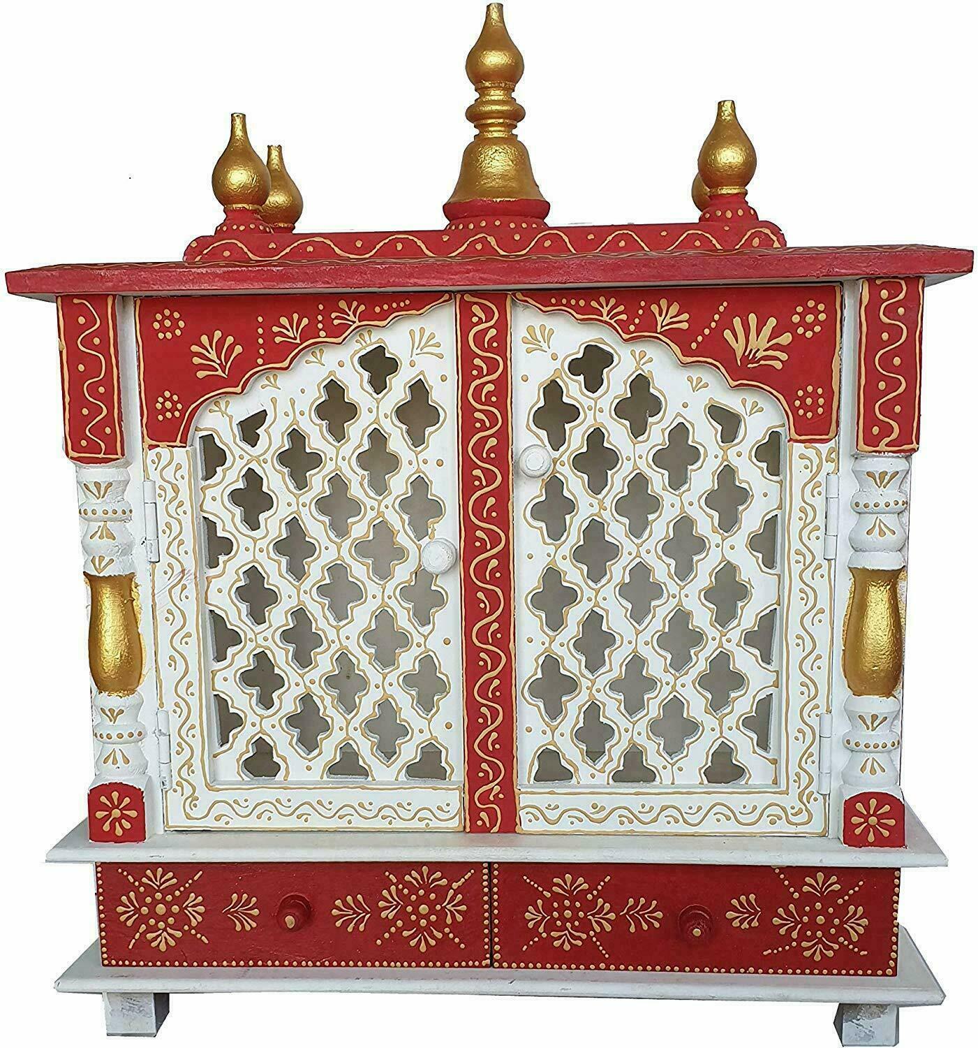 Shree Krishna Art Temple, Wooden Temple, Pooja Mandir for Home (Color- White & Red, 18x9x22 inches)