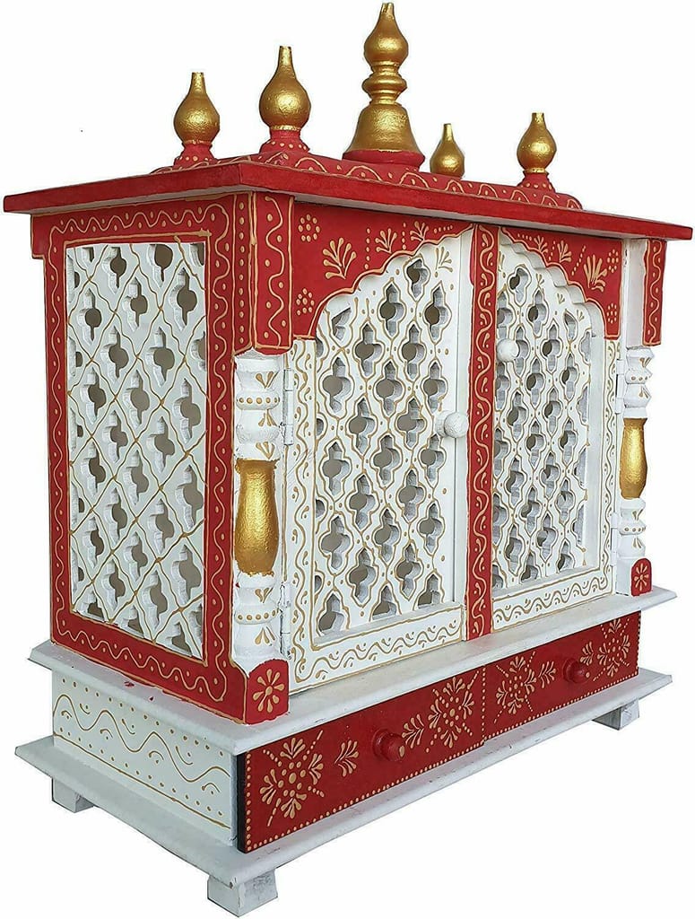 Shree Krishna Art Temple, Wooden Temple, Pooja Mandir for Home (Color- White & Red, 18x9x22 inches)