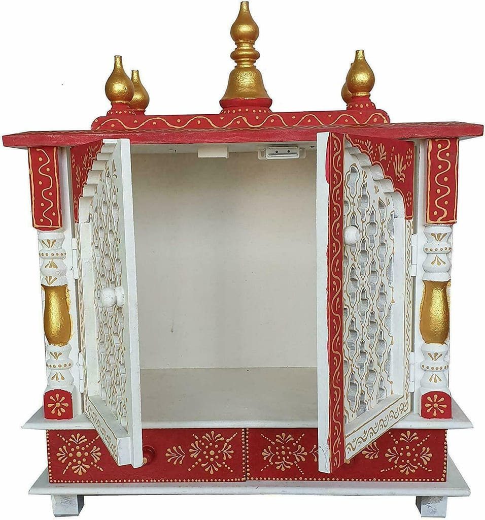 Shree Krishna Art Temple, Wooden Temple, Pooja Mandir for Home (Color- White & Red, 18x9x22 inches)