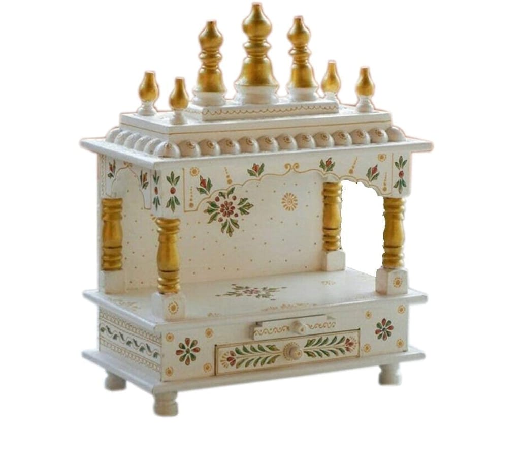 Shree Krishna Art Home Temple, Wooden Temple, Pooja Mandir for Home (15x8x18 inches - White Color)