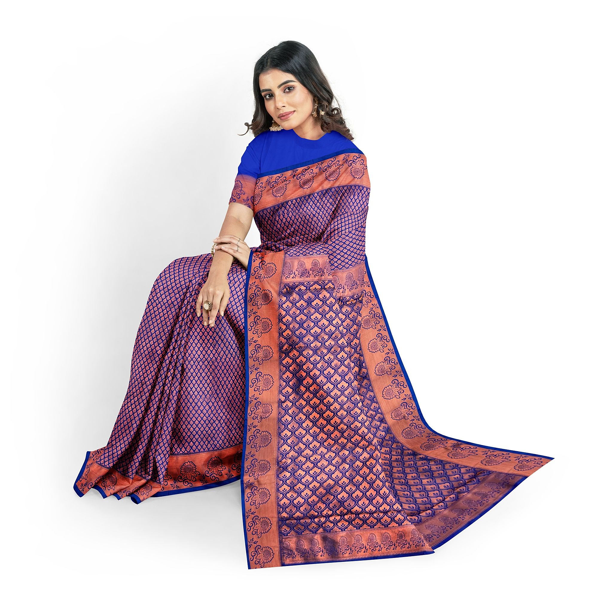 Ink Blue Double Shaded Zari Woven Saree with Unstitched Blouse