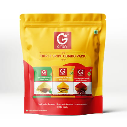 Garni Foods Triple Spice CTC Combo | Chilli Powder 200g | Turmeric Powder 200g | Coriander Powder 200g | Monthly Value Pack | 600g