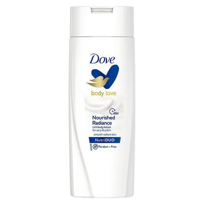 Dove Body Love Nourished Radiance Body Lotion For Very Dry Skin 48hrs Moisturisation Paraben Free with Plant Based moisturiser Soft Radiant Skin 90ml