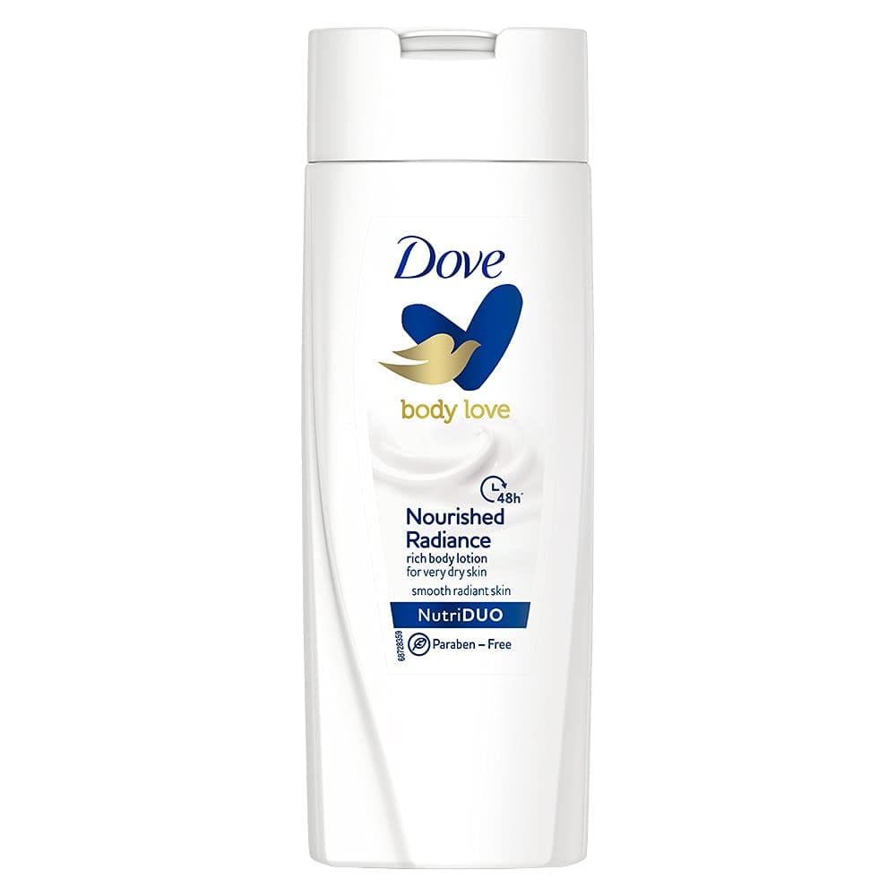 Dove Body Love Nourished Radiance Body Lotion For Very Dry Skin 48hrs Moisturisation Paraben Free with Plant Based moisturiser Soft Radiant Skin 90ml