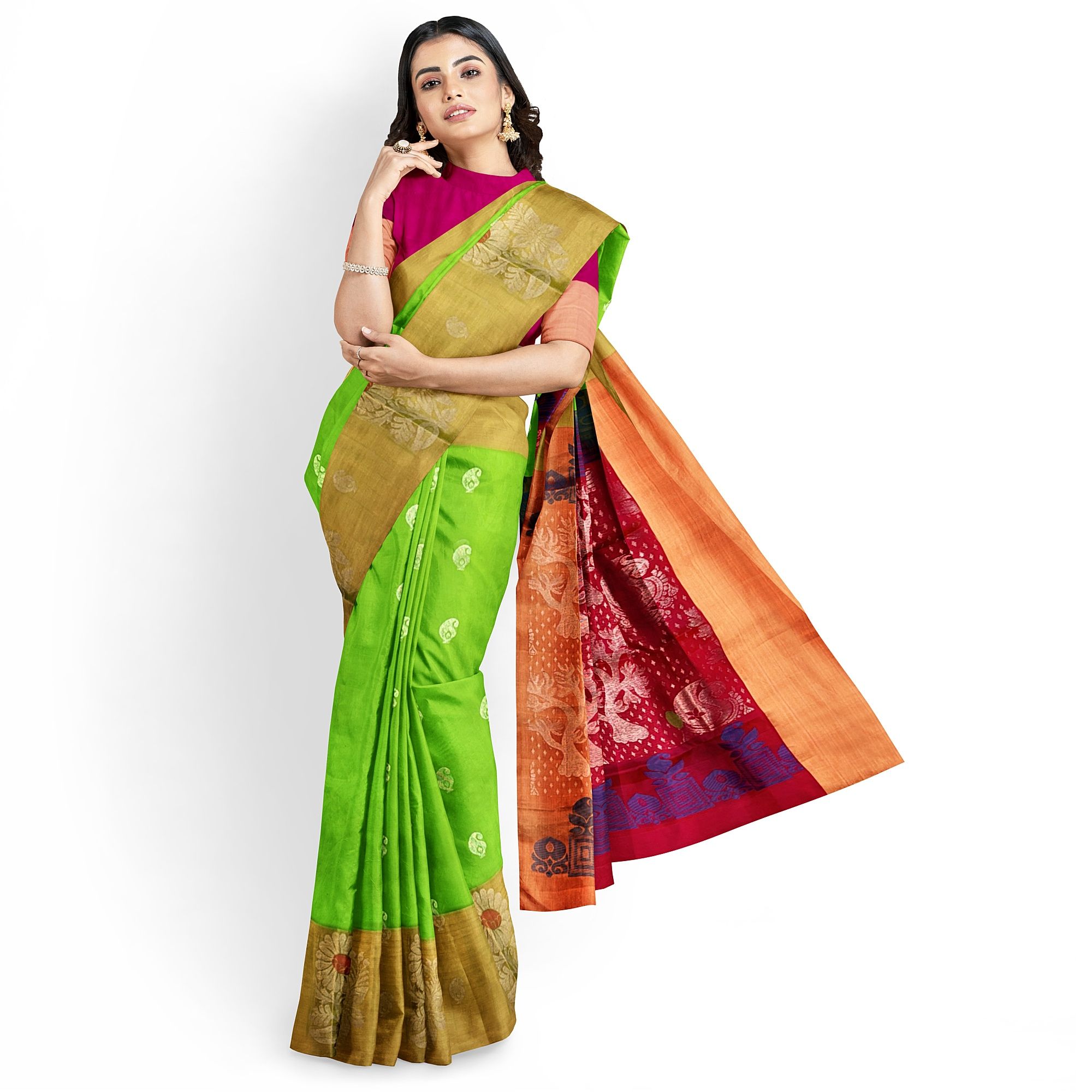 Parrot Green Long Border Small Mango Butta Pure Kanjivaram Silk Saree
