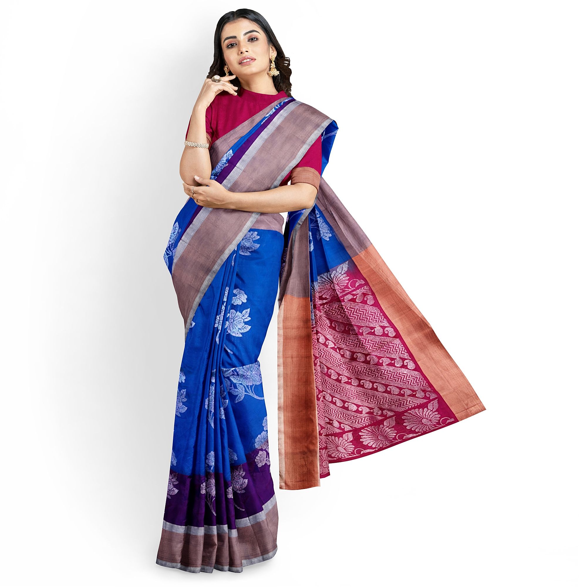 Blue Color Long Border Big Floral Butta Kanjivaram Pure Silk Saree