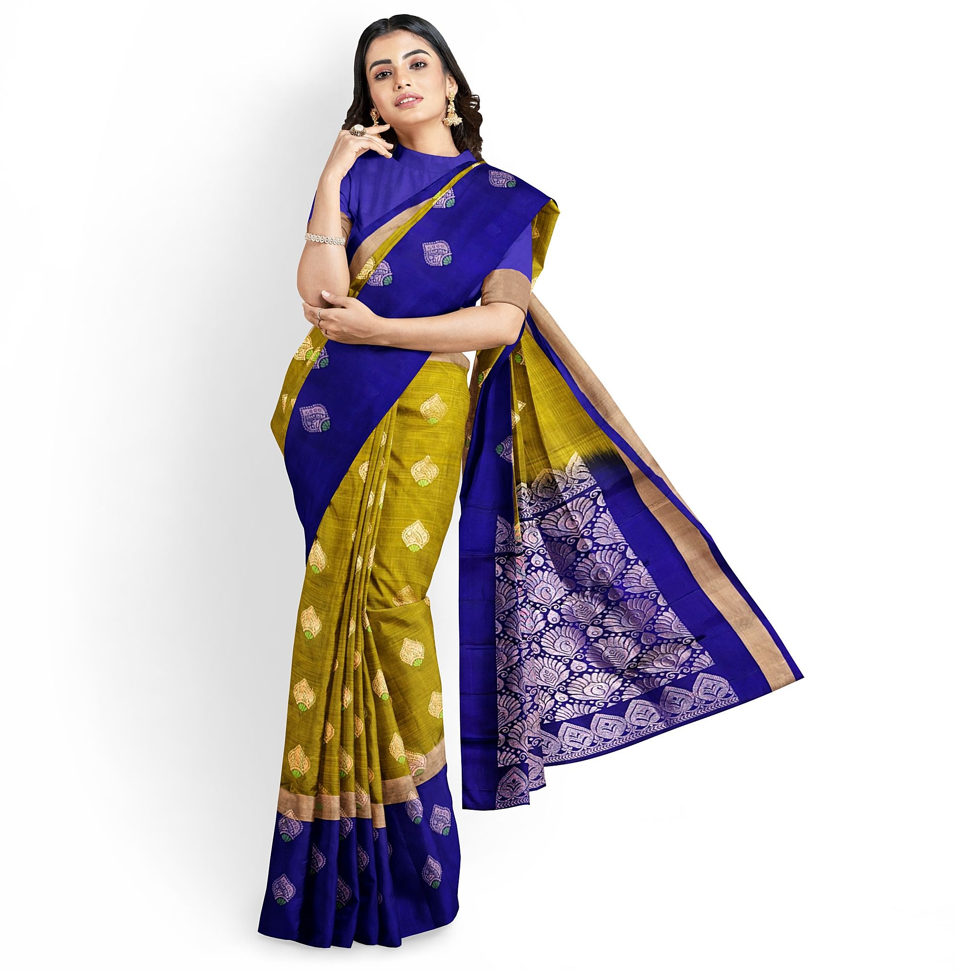 Olive Green Color Long Border Fancy Butta Kanjivaram Pure Silk Saree