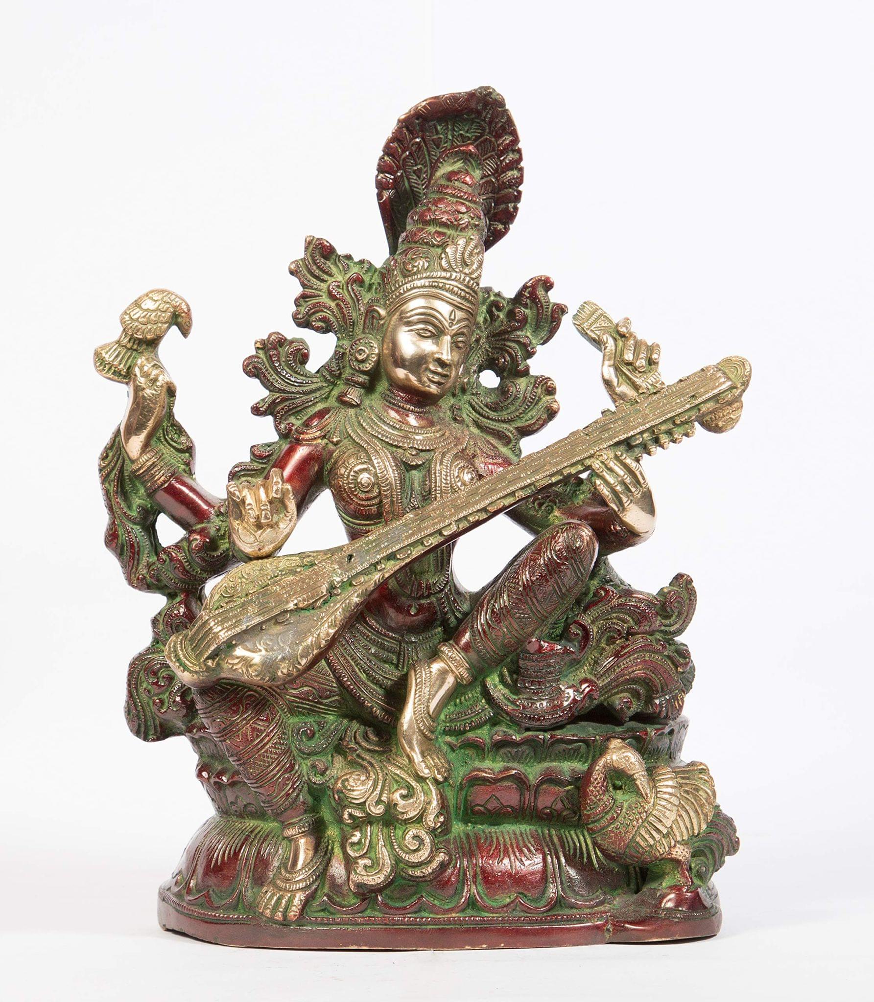 Arihant Craft� Hindu Godess Saraswati Idol Sarasvati Statue Sculpture Hand Work Showpiece � 28.5 cm (Brass, Red, Green)