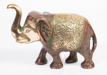 Arihant Craft� Ethnic Decor Elephant Standing Trunk Up Statue Sculpture Showpiece Hand Work � 12 cm (Brass, Red, Green)