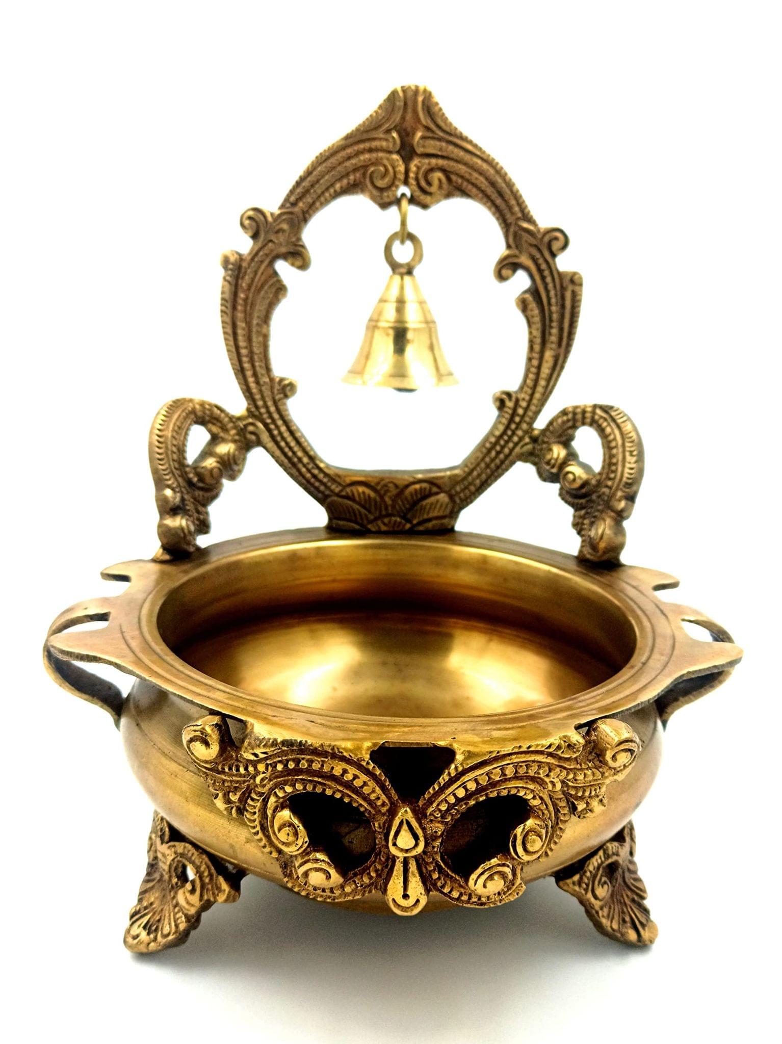 Arihant Craft� Ethnic Carved Urli with Bell Sculpture Showpiece Hand Work � 22 cm (Brass, Gold)