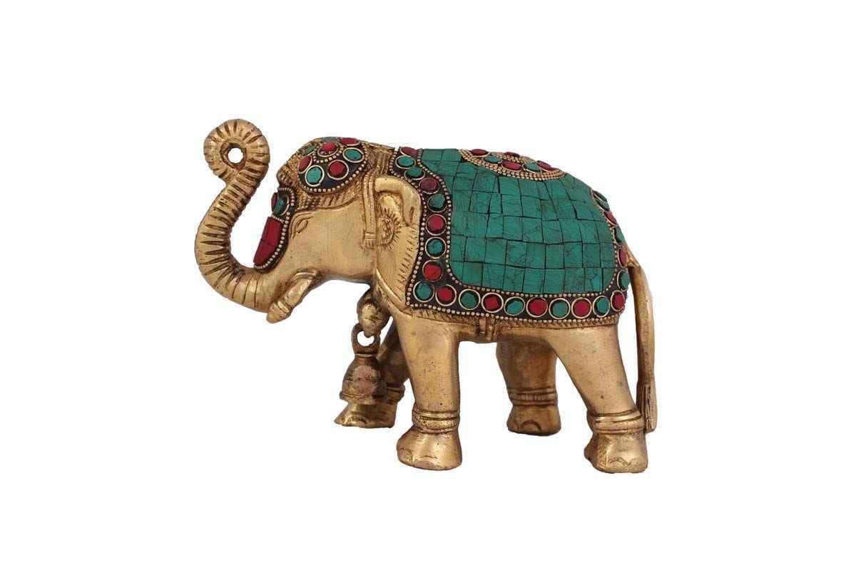 Arihant Craft� Ethnic Decor Elephant Standing Trunk Up Bell in Neck Statue Sculpture Showpiece Turquoise Gem Stone Work � 13.5 cm (Brass, Multicolour)