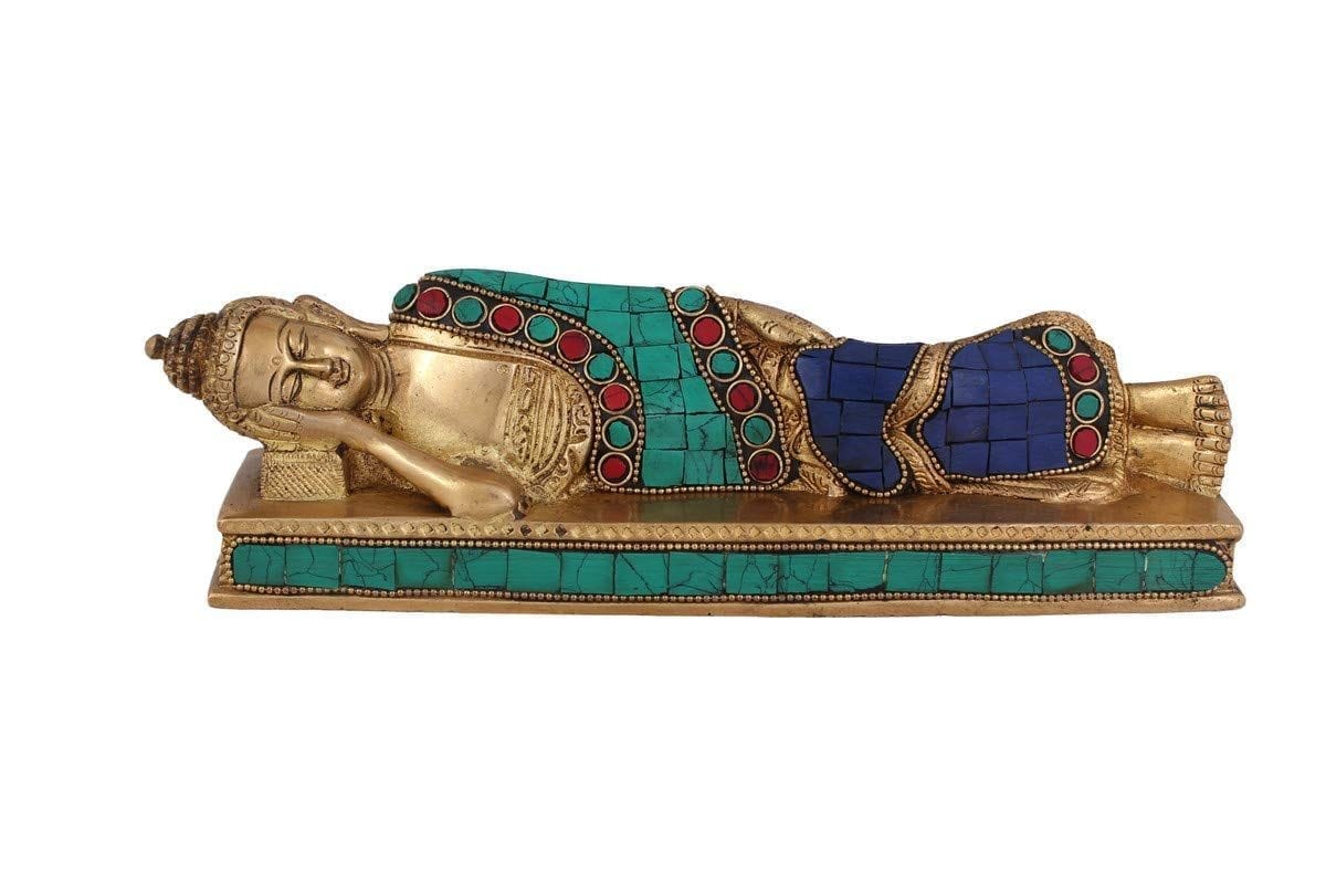 Arihant Craft� Ethnic Decor Sleeping Buddha Idol Turquoise Gem Stone Hand Work Showpiece � 7.3 cm (Brass, Multicolour)