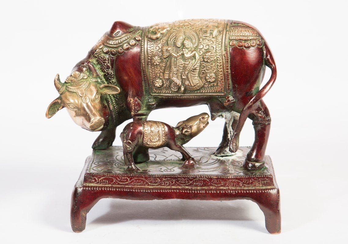 Arihant Craft� Kamdhenu Cow N Calf Idol Cow and Calf Statue Sculpture Hand Work Showpiece � 15.5 cm (Brass, Red, Green)