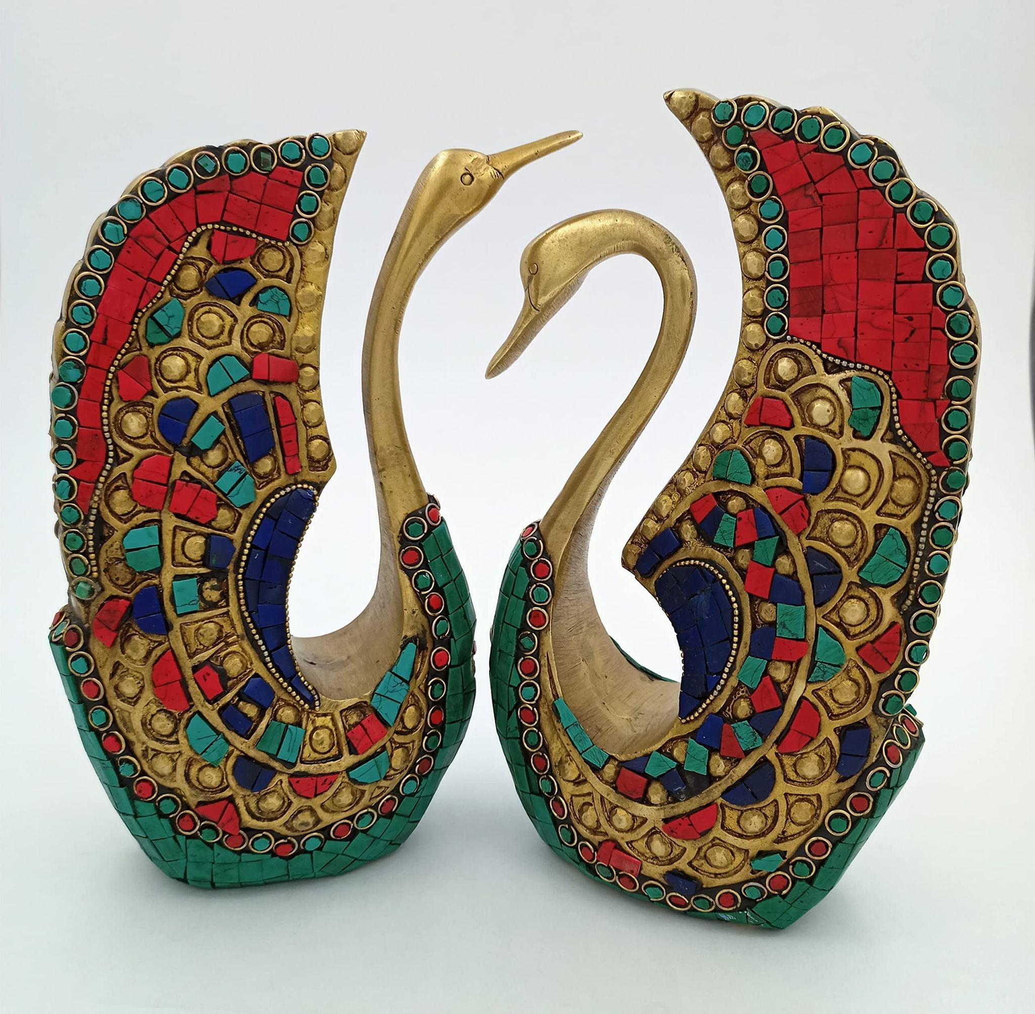 Arihant Craft� Ethnic Decor Swan Pair Statue Sculpture Showpiece Turquoise Gem Stone Work � 24.5 cm (Brass, Multicolour)