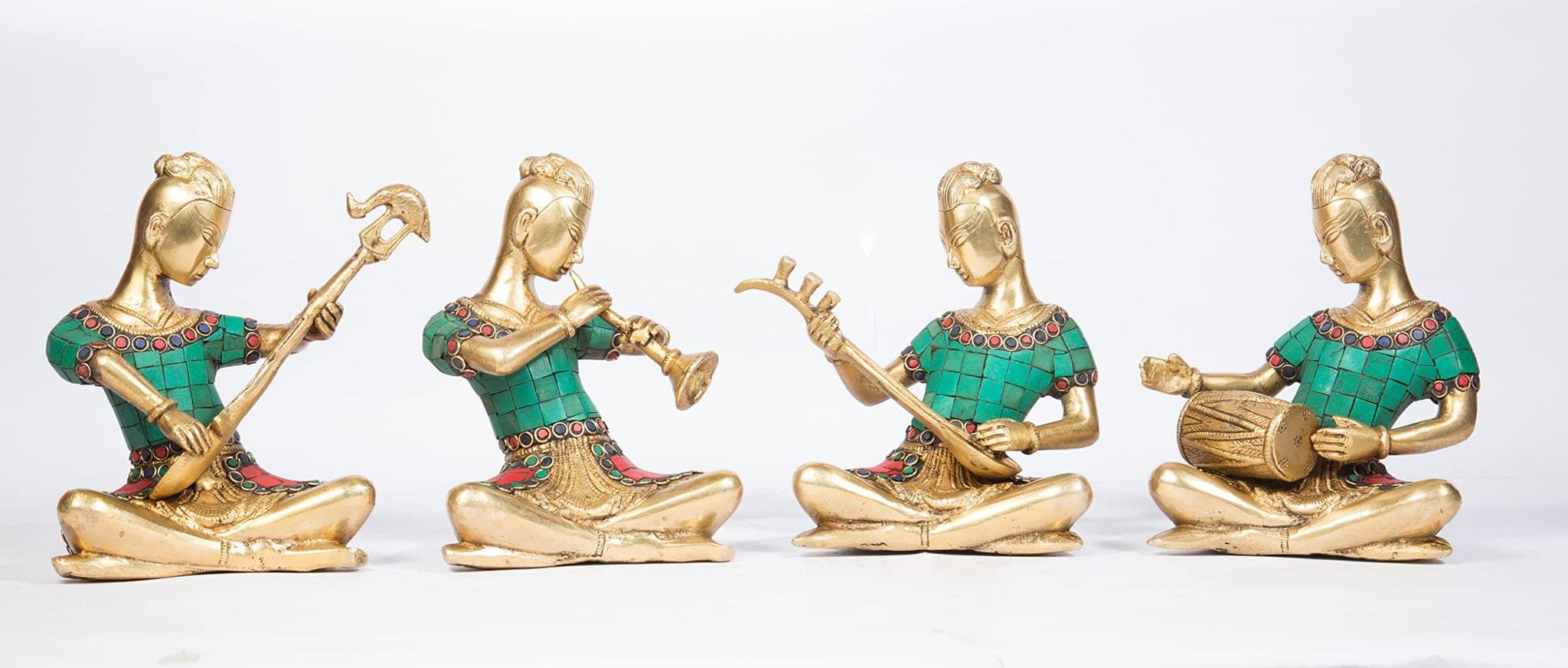 Arihant Craft� Musician Ladies Sitting with Vina Dholak Sitar Shehnai Idol Musical Instuments Statue Sculpture Turquoise Gem Stone Work Hand Craft Showpiece � 16 cm (Brass, Multicolour)