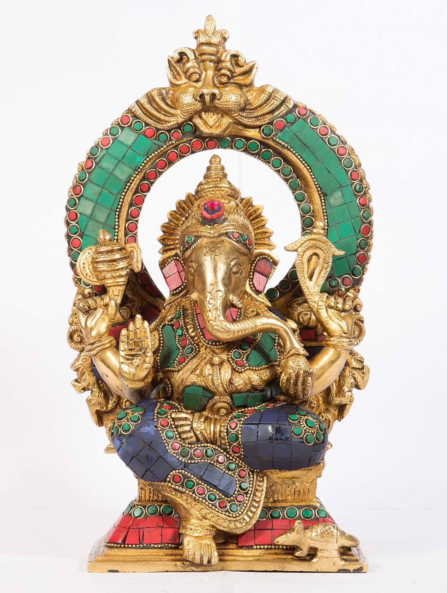 Arihant Craft� Hindu God Ganesha Idol Ganpati Statue Sculpture Turquoise Gem Stone Work Hand Craft Showpiece � 30 cm (Brass, Multicolour)