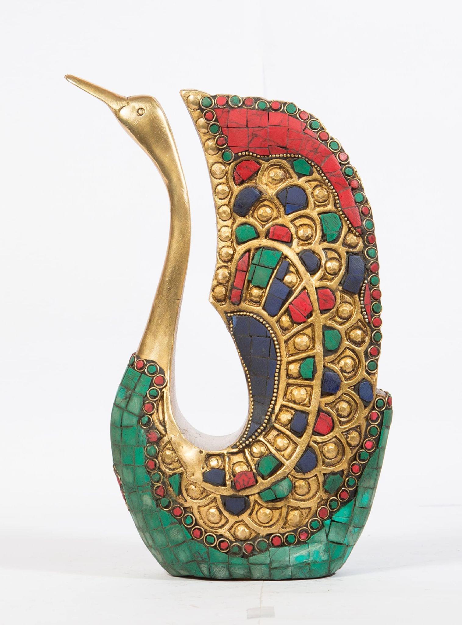 Arihant Craft� Ethnic Decor Swan Statue Sculpture Showpiece Turquoise Gem Stone Work � 24.5 cm (Brass, Multicolour)