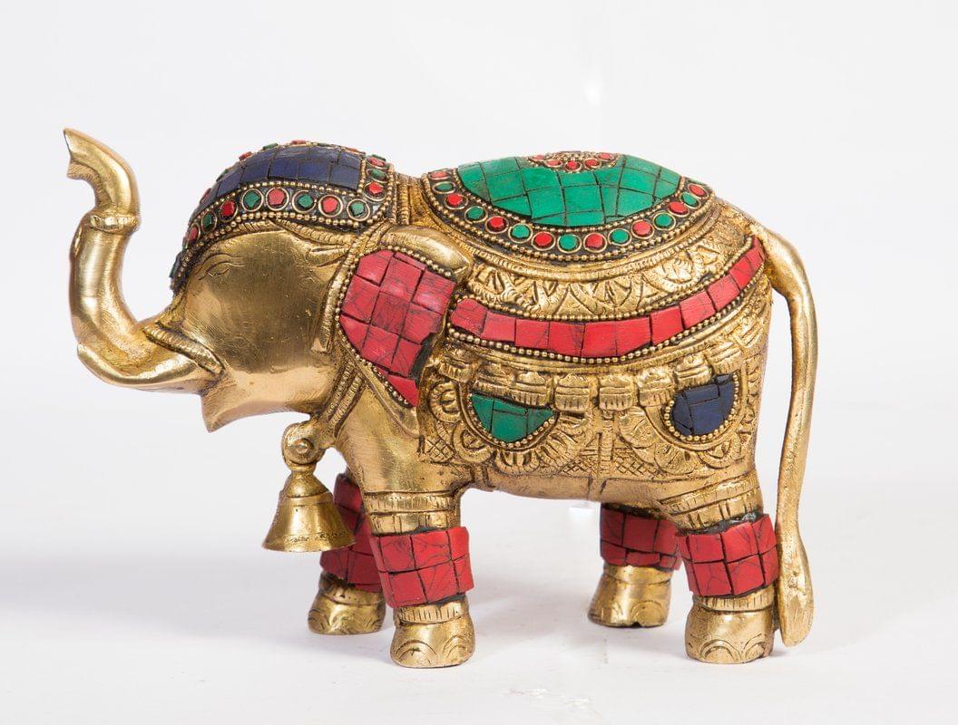 Arihant Craft� Ethnic Decor Elephant Standing Trunk Up Bell in Neck Statue Sculpture Showpiece Turquoise Gem Stone Work � 14 cm (Brass, Multicolour)